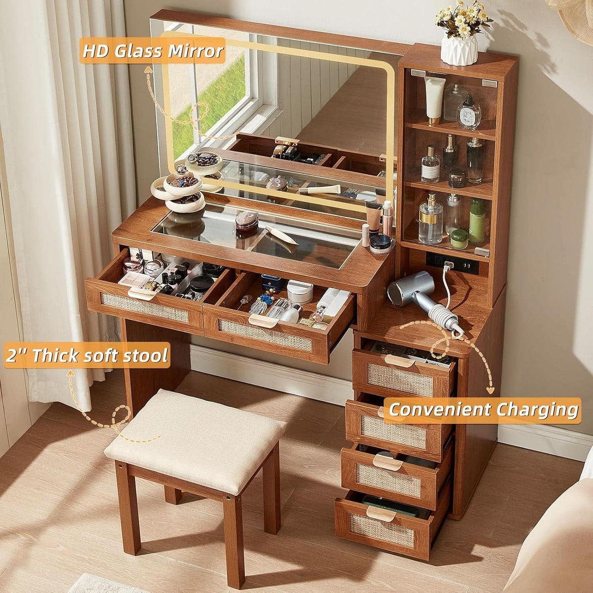 Rattan Vanity Desk 43.5-Inch With Illuminated Mirror