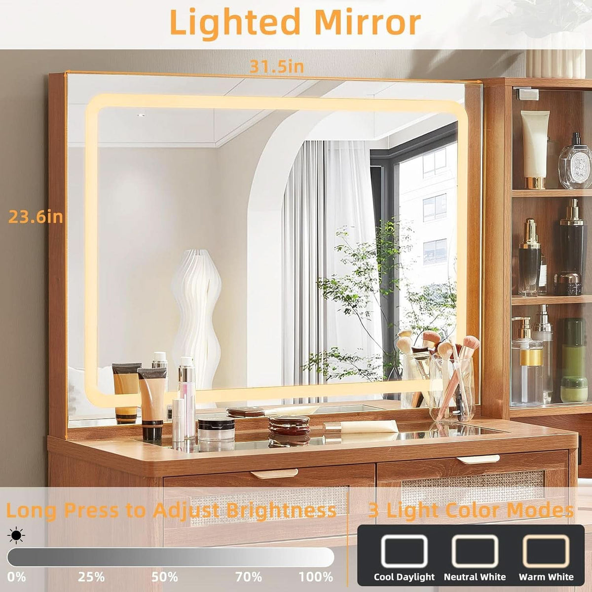 Rattan Vanity Desk 43.5-Inch With Illuminated Mirror
