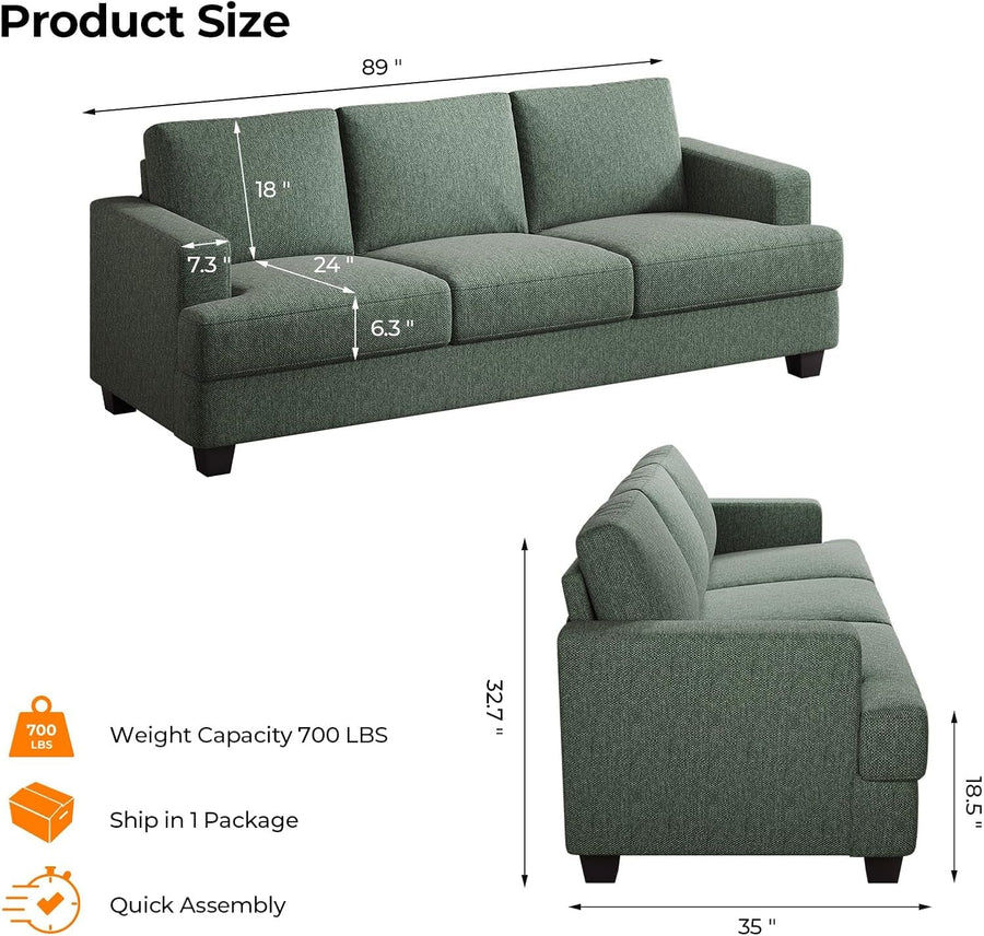 Oversized 89 Inch Sofa With Deep Cushions And Backrests