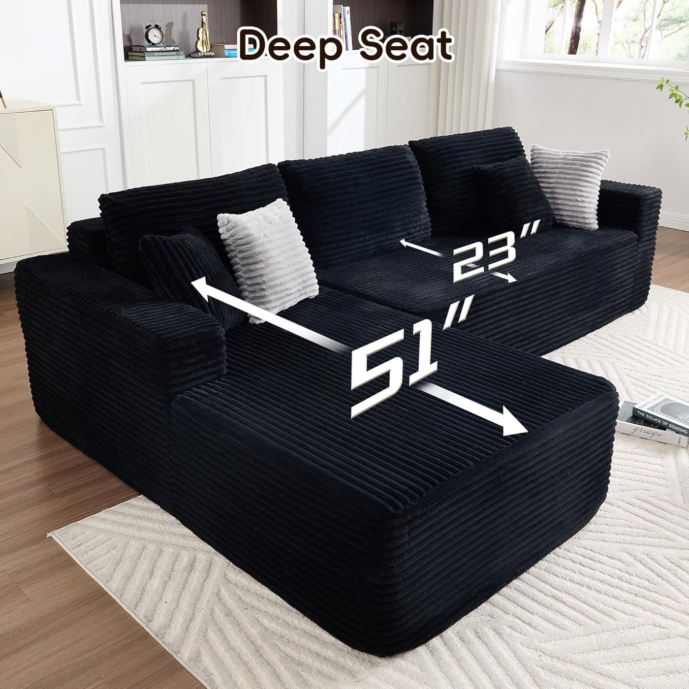 108 Inches Left Facing High End Sectional Sofa Black