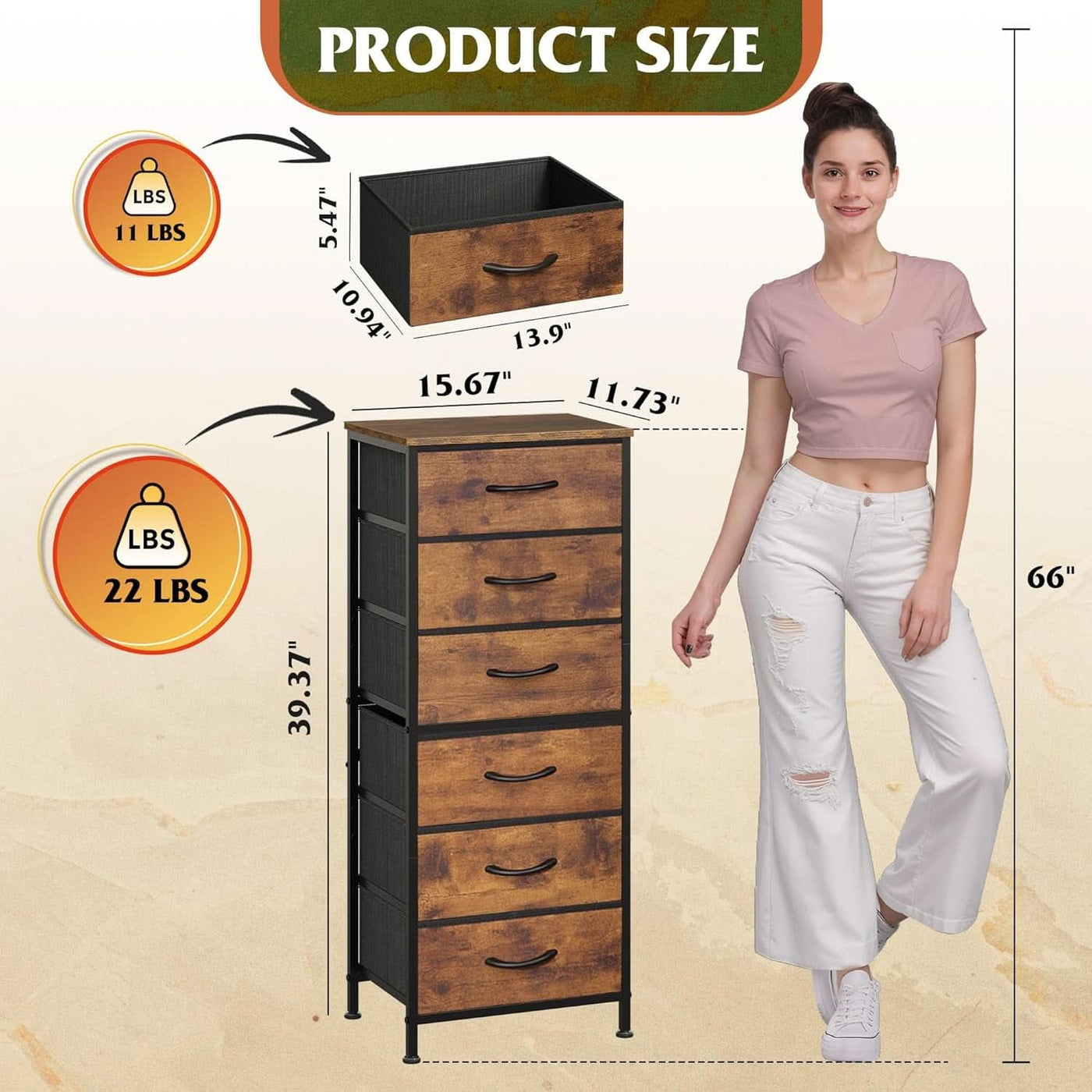 Tall Fabric Dresser With 6 Drawers And Wood Top Rustic Brown
