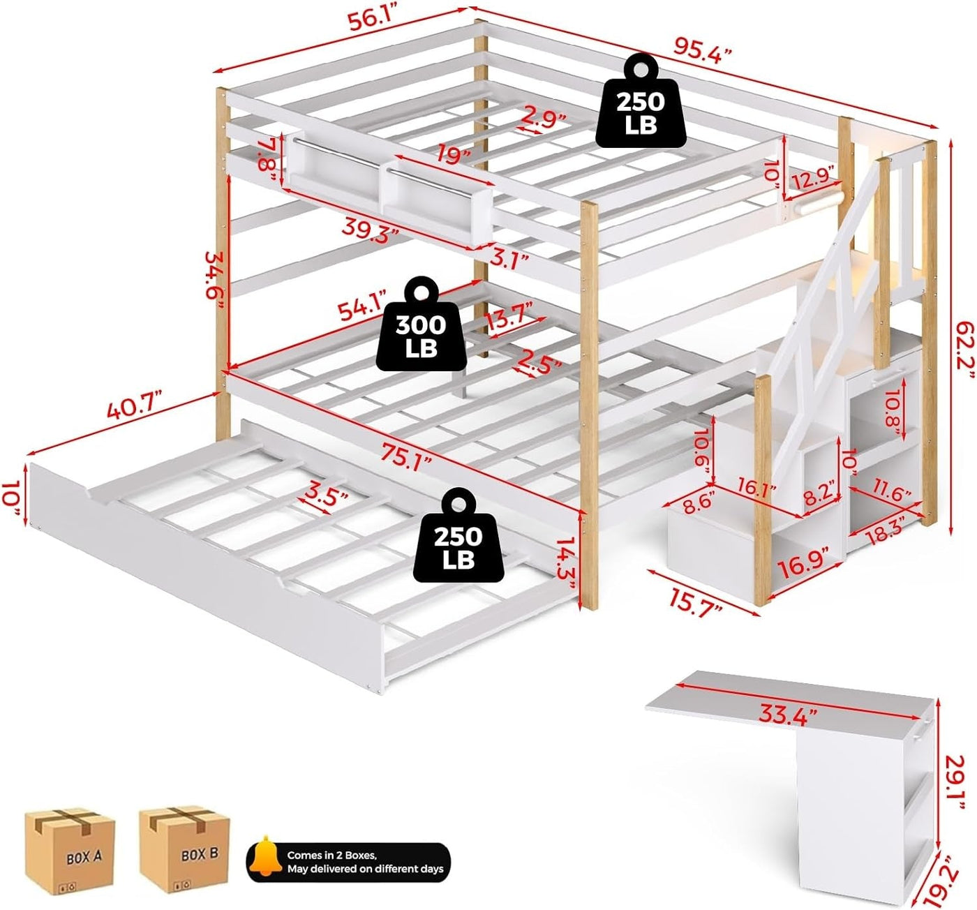 Full Over Full Bunk Bed White Wood Finish Trundle Storage