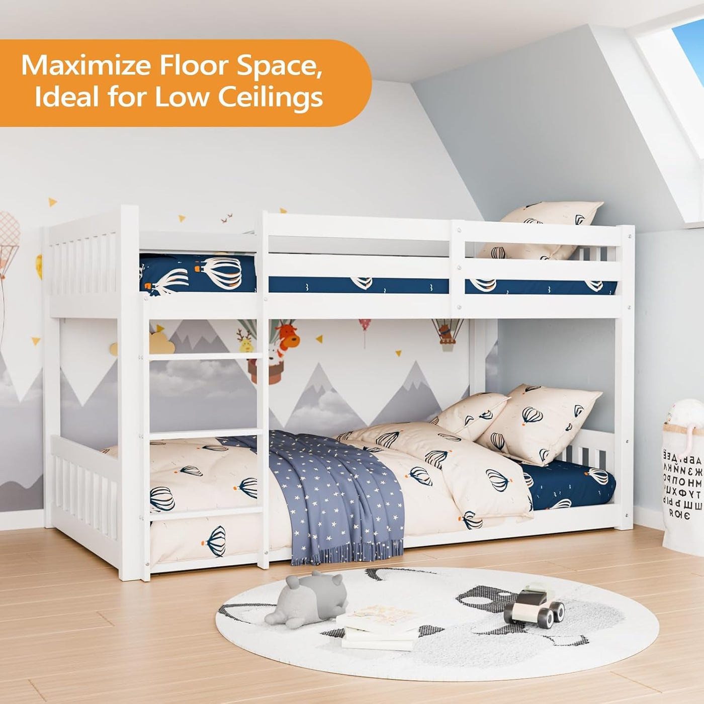 Low Profile White Solid Wood Twin Over Bunk Bed Guardrails