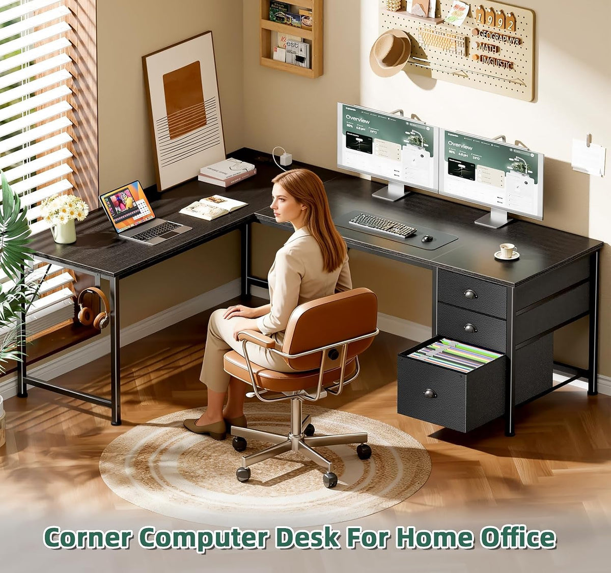 63 Inch Corner Desk Black Ultra Premium Storage Drawers