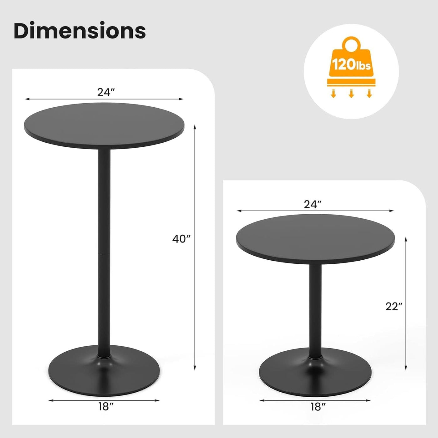 Black 24 in Circular Bar Table Height Adjustable Commercial Grade