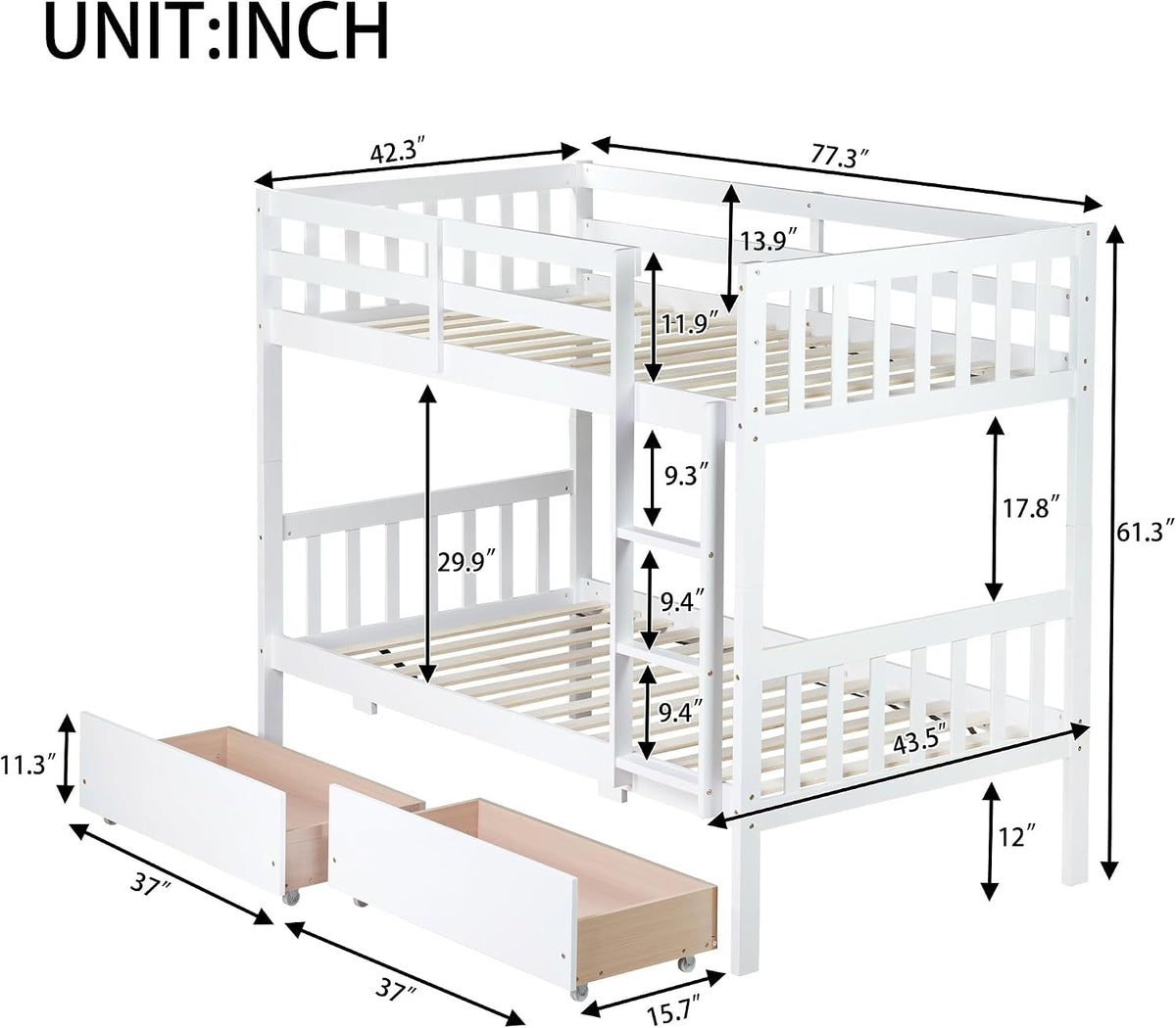 White Premium Grade Rubberwood Bunk Bed Drawers ProLine