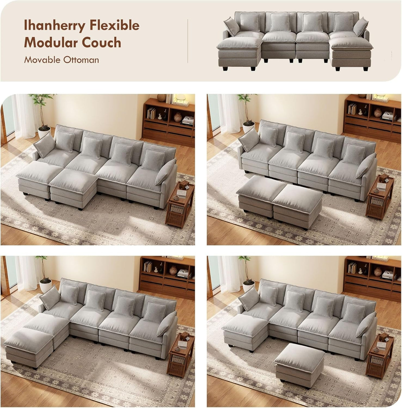 106-Inch U-Shaped Modular Sectional Sofa with Ottoman, Grey Chenille