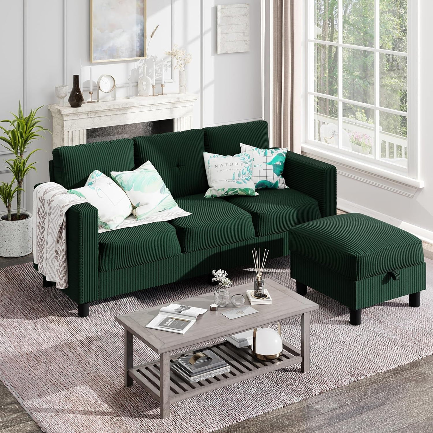 Green 76 Inches Upholstered Sectional Sofa Storage