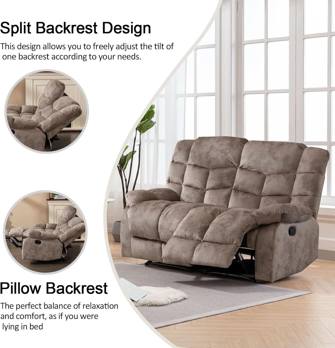 Manual Two Seat Loveseat Recliner Sofa Light Brown