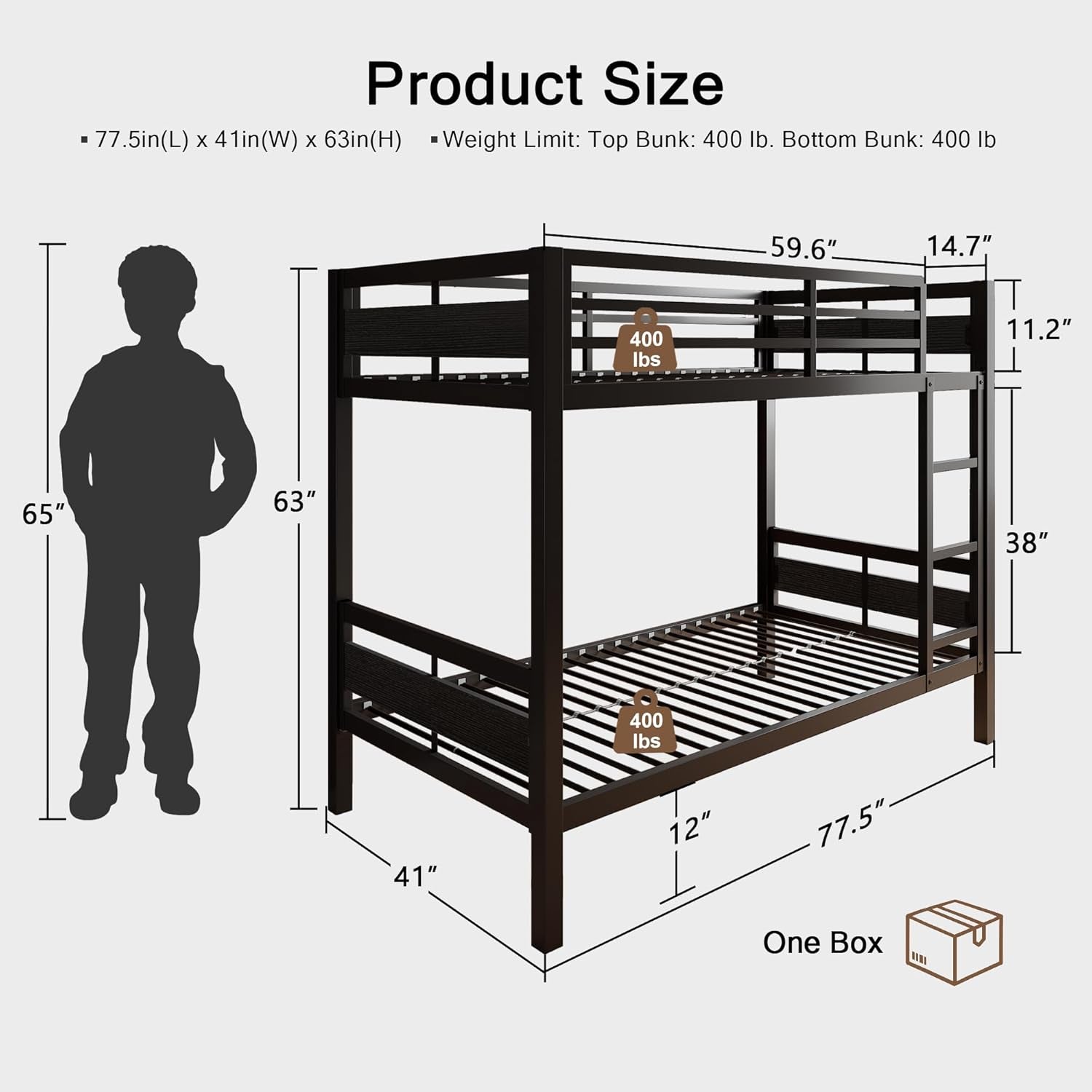 Twin Over Twin Black Powder Coated Industrial Metal Bunk Bed