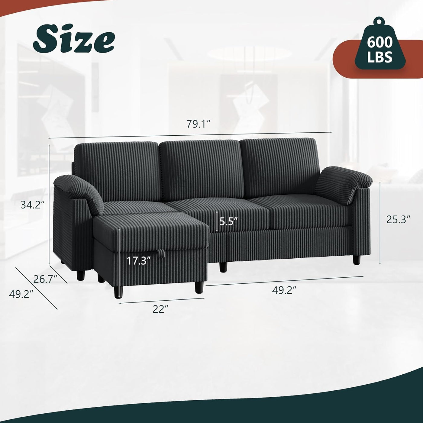 79 Inch Corduroy Upholstered Sectional Sofa Charcoal