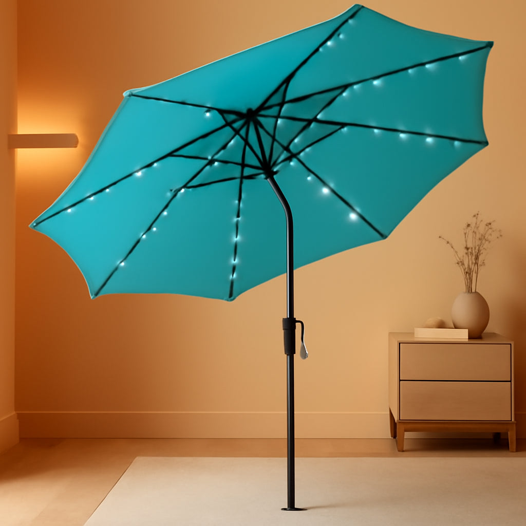 Outdoor Solar Patio Umbrella Featuring Crank LED Lights