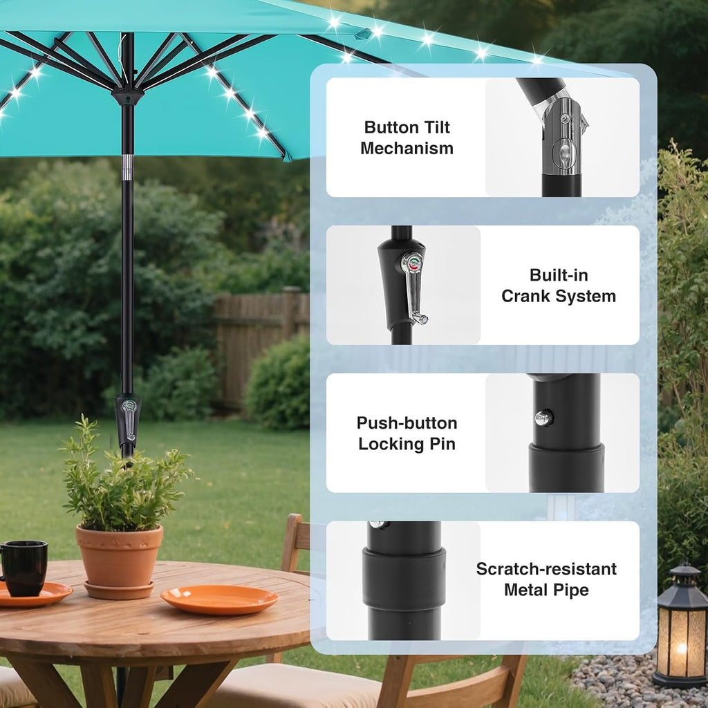 Outdoor Solar Patio Umbrella Featuring Crank LED Lights