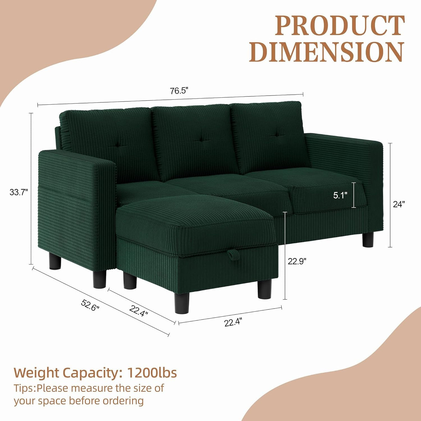 Green 76 Inches Upholstered Sectional Sofa Storage