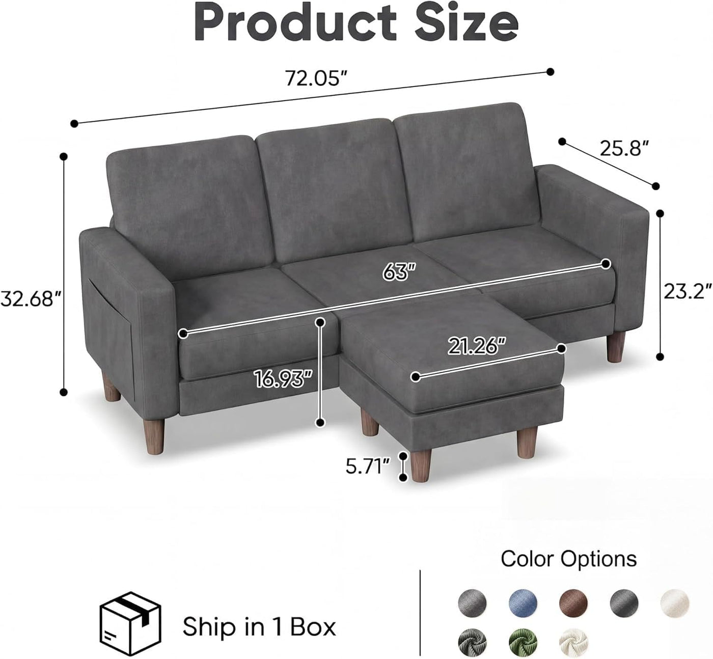 L-Shaped Sectional Sofa Graphite Grey Storage Ottoman