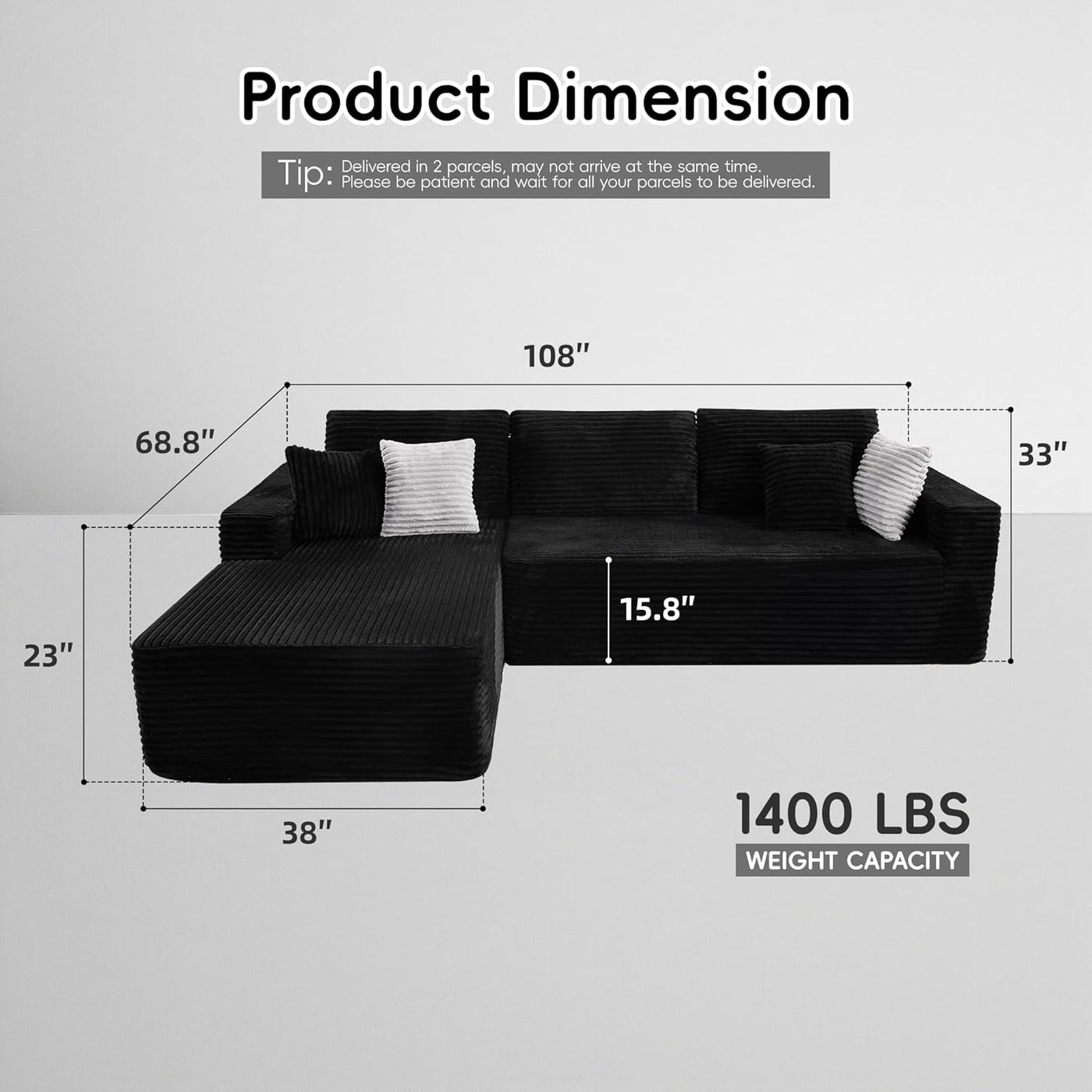 108 Inches Left Facing High End Sectional Sofa Black